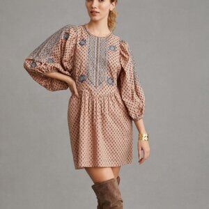 Peach Embroidered Mini Dress with Balloon Sleeves